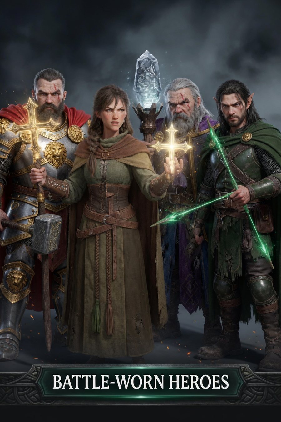 Battle-worn heroes &mdash; warrior, cleric, mage, and ranger standing together