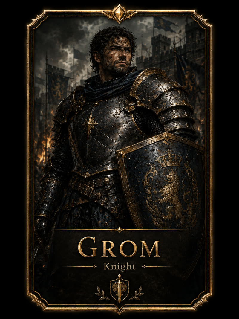 Grom, Knight &mdash; armored warrior with a lion-crest shield