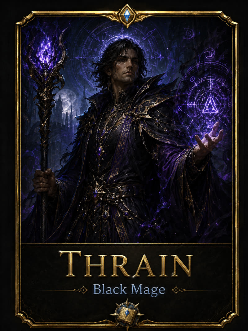 Thrain, Black Mage &mdash; dark-robed sorcerer with a crystal staff